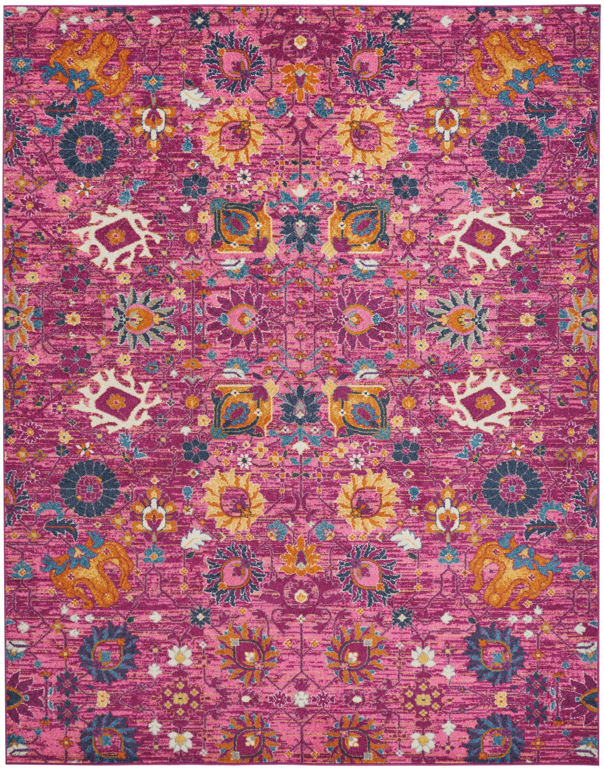 Vibrant pink Bohemian-style area rug with multicolor floral medallions and ornate central motif; woven pile.