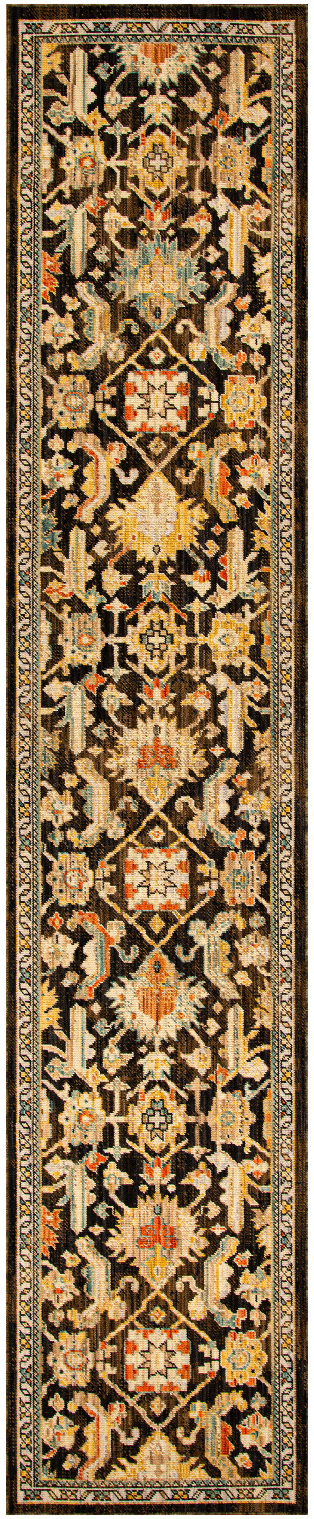 Persian-style hallway runner rug with black field, wool-look gold/ivory floral motifs and red accents; bordered ornate pattern.