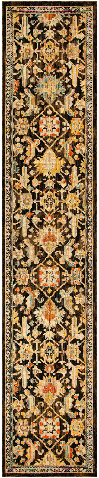 Persian-style hallway runner rug with black field, wool-look gold/ivory floral motifs and red accents; bordered ornate pattern.