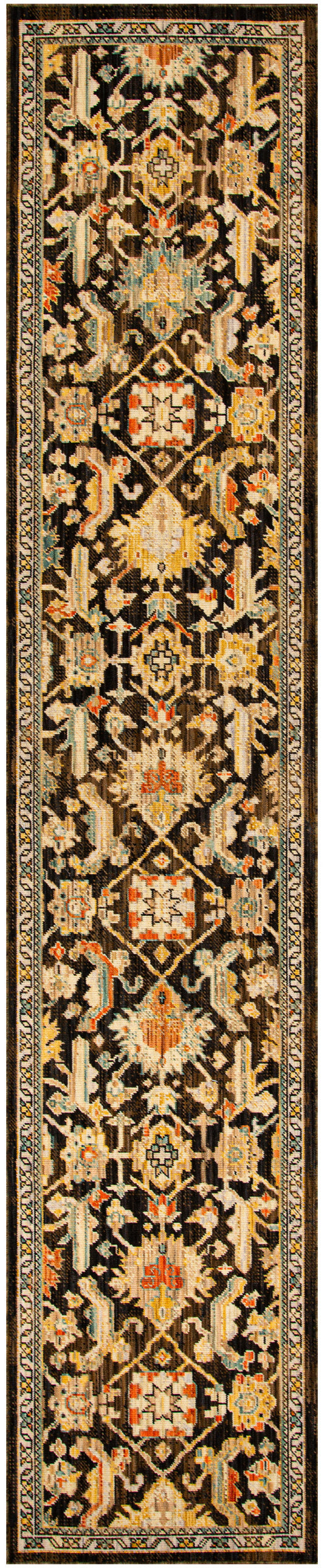 Persian-style hallway runner rug with black field, wool-look gold/ivory floral motifs and red accents; bordered ornate pattern.