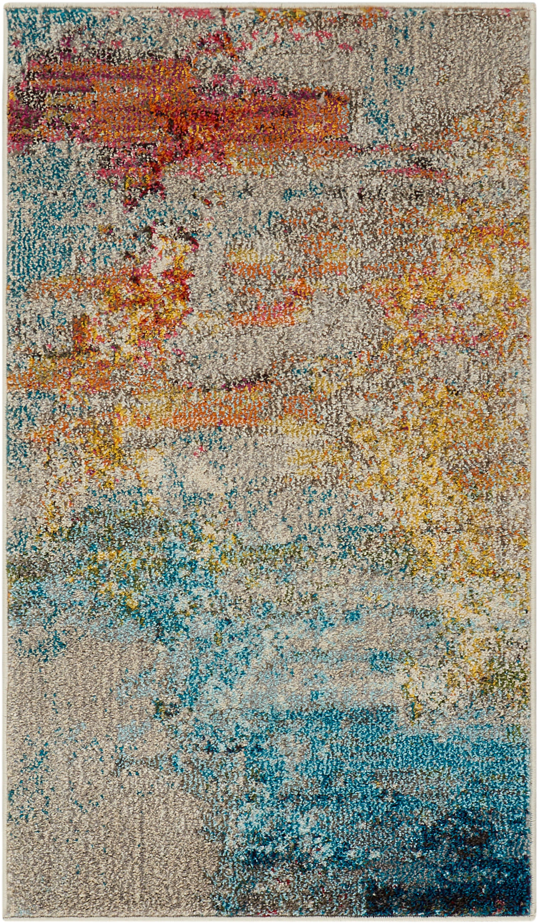 Abstract multicolor area rug with beige base, orange teal blue yellow patches; soft shag pile, rectangular living-room rug.