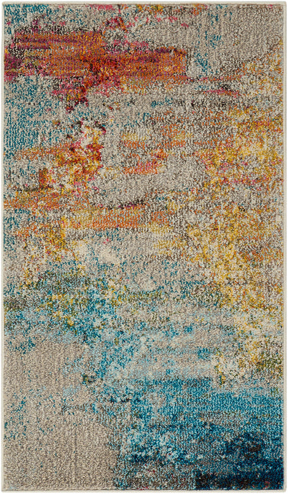Abstract multicolor area rug with beige base, orange teal blue yellow patches; soft shag pile, rectangular living-room rug.