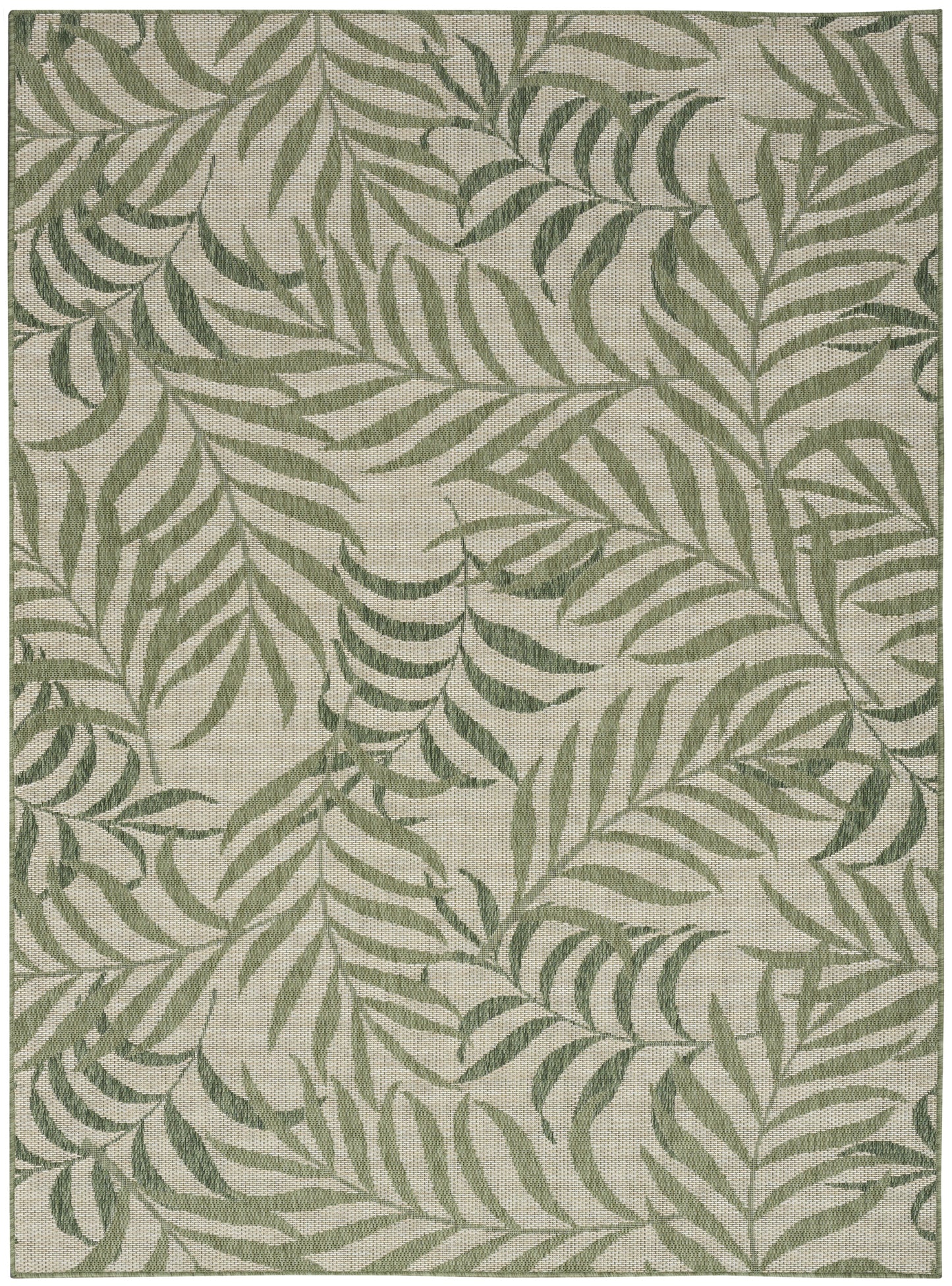 Rectangular outdoor rug (6' x 9') with sage-green palm leaf pattern on beige, woven texture.