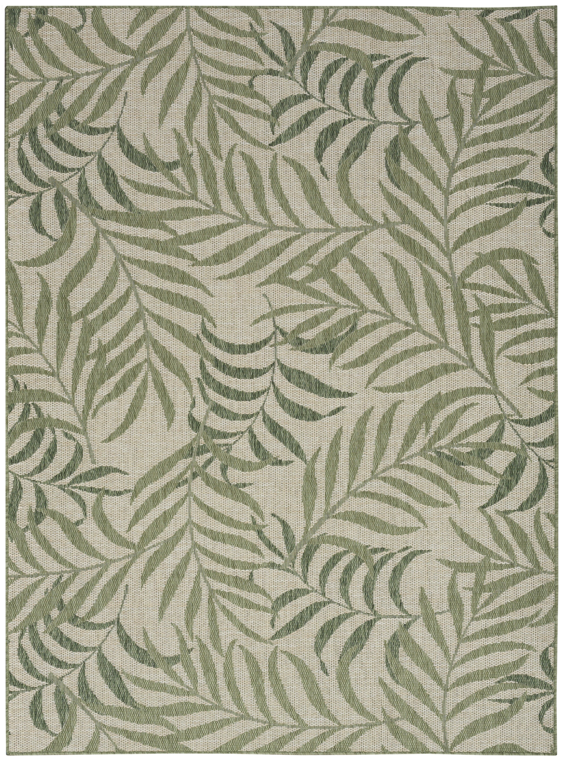Rectangular outdoor rug (6' x 9') with sage-green palm leaf pattern on beige, woven texture.