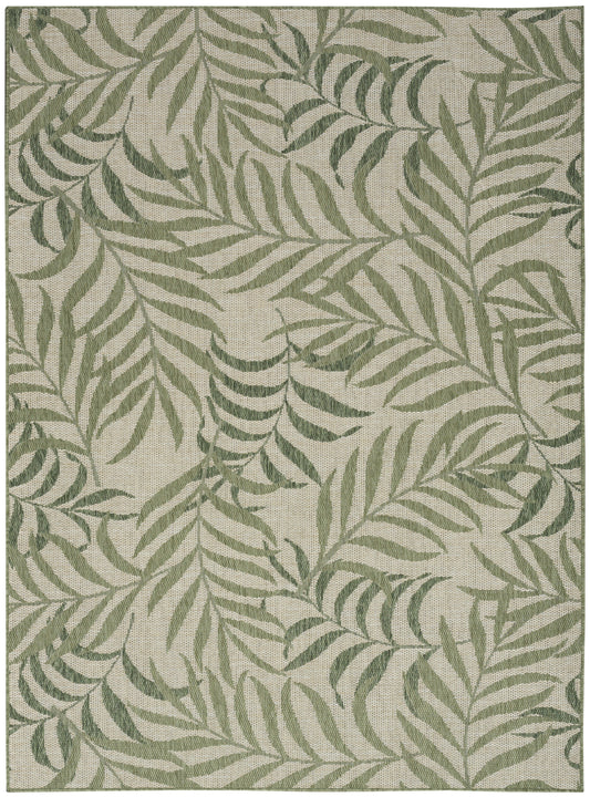 Rectangular outdoor rug (6' x 9') with sage-green palm leaf pattern on beige, woven texture.
