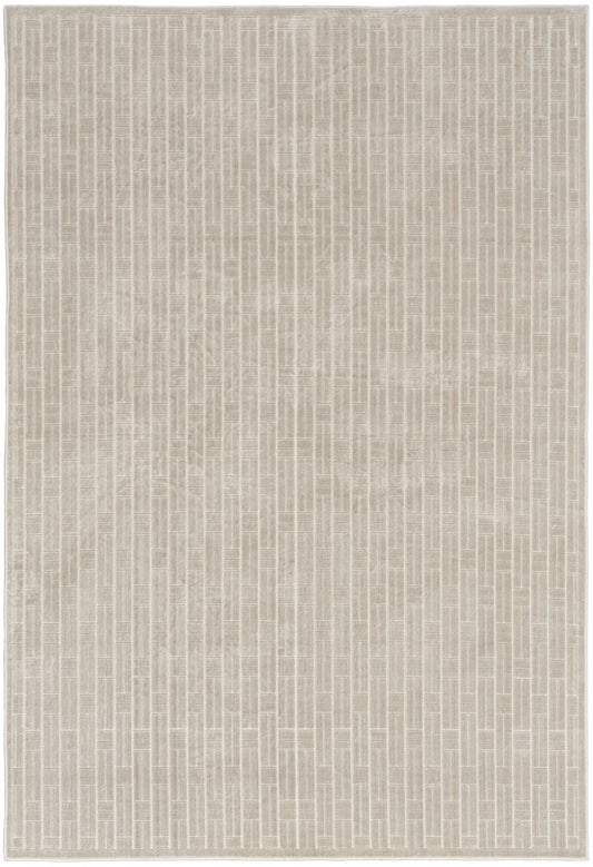 Neutral beige woven area rug with subtle vertical stripe texture; rectangular, modern neutral style for living room.