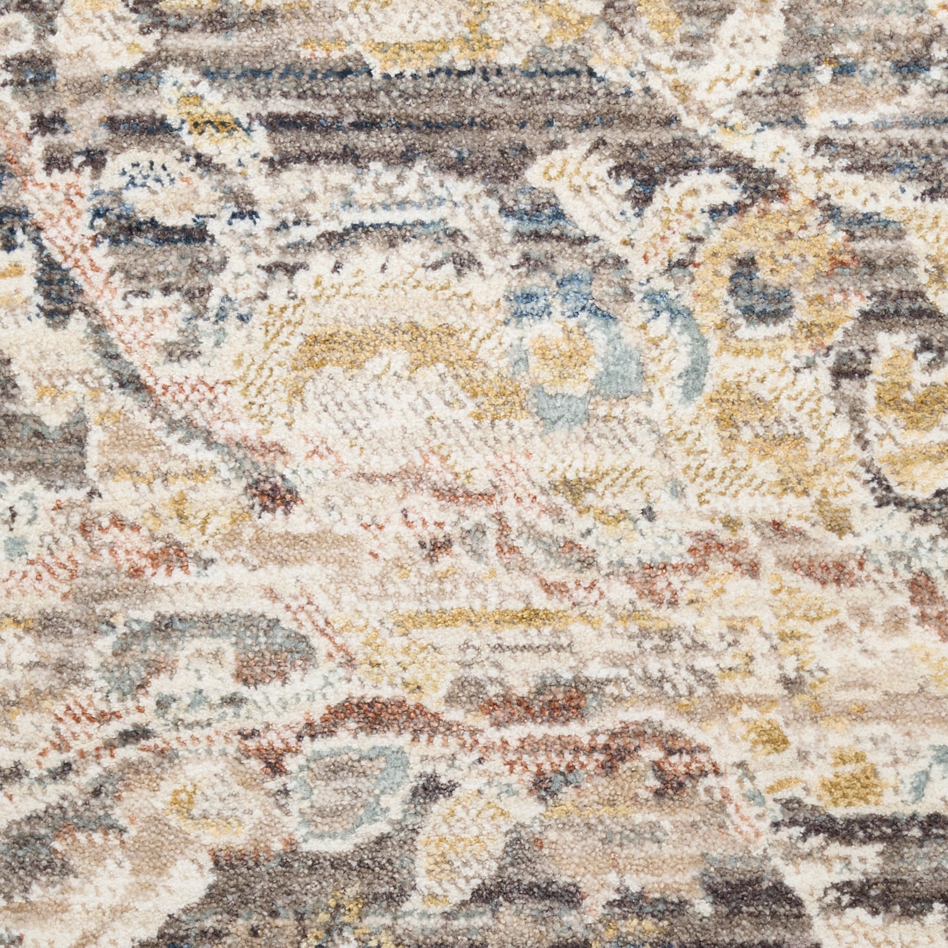Distressed vintage-style area rug with abstract floral motifs in cream, beige, blue, gold and brown tones.