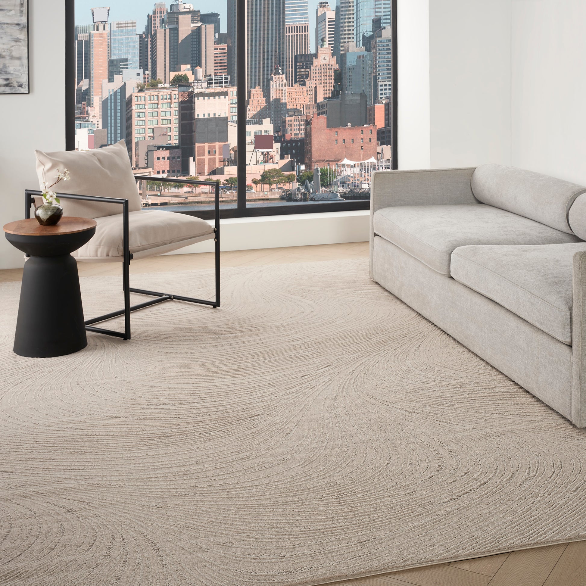 Beige textured rug in a modern living room setting, 8' x 10'.