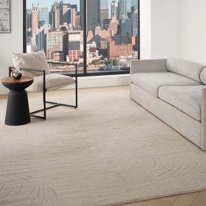 Beige textured rug in a modern living room setting, 8' x 10'.