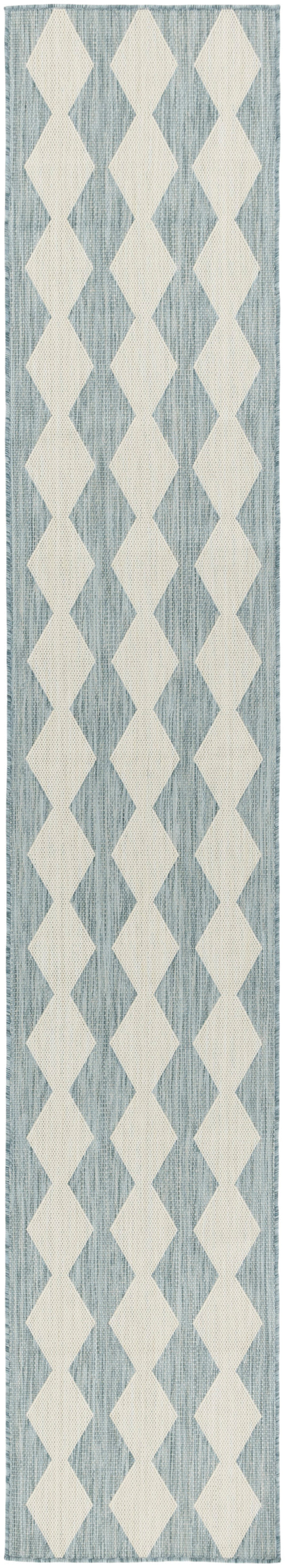 Blue-gray woven runner rug with cream diamond motif in a vertical harlequin pattern.