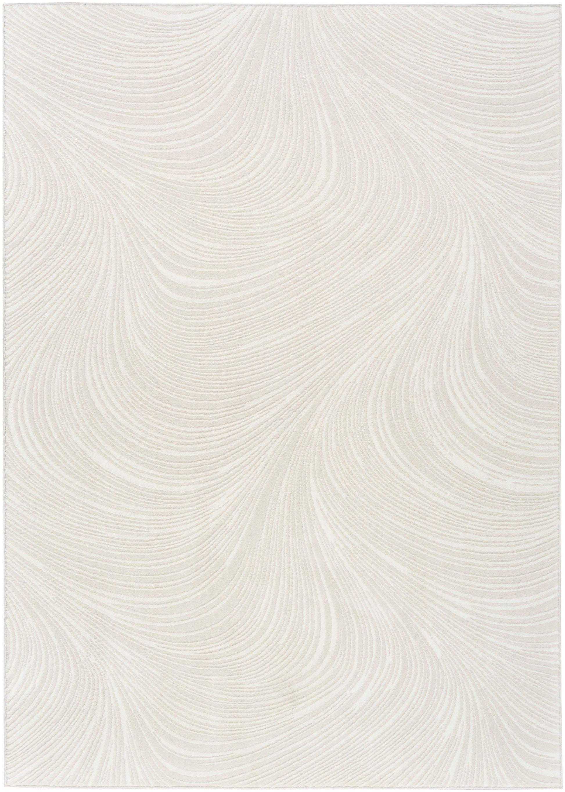 Cream wallpaper with subtle white curved lines forming a flowing wave-like pattern; neutral decorative surface.