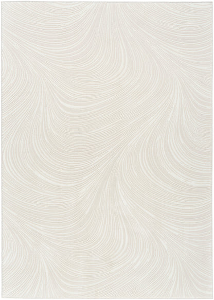 Cream wallpaper with subtle white curved lines forming a flowing wave-like pattern; neutral decorative surface.