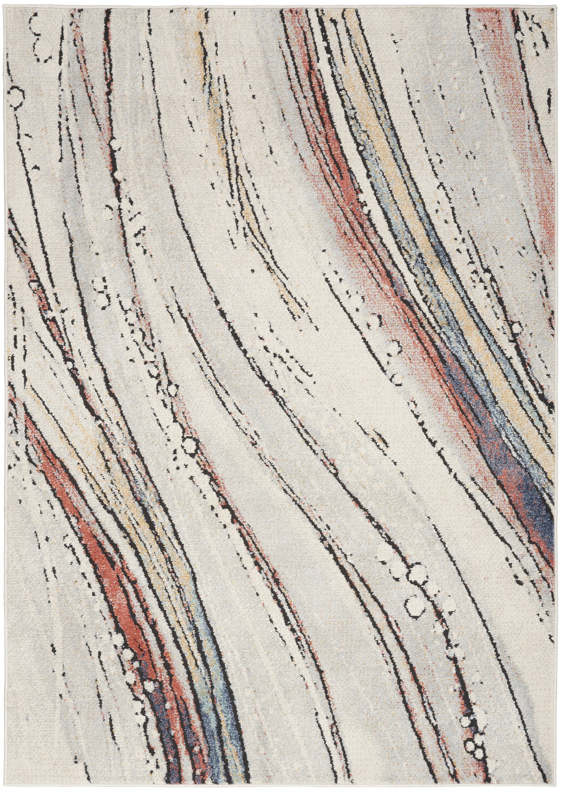 Cream abstract rug with sweeping multicolor stripes in red, blue, yellow, and black.