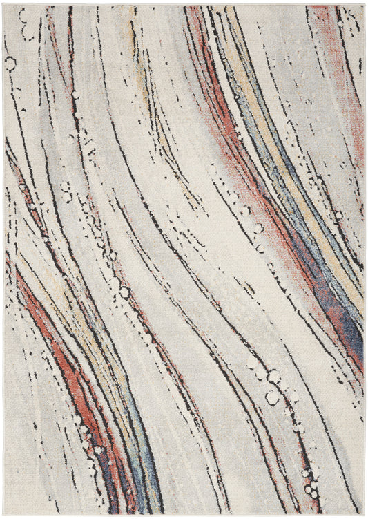 Cream abstract rug with sweeping multicolor stripes in red, blue, yellow, and black.