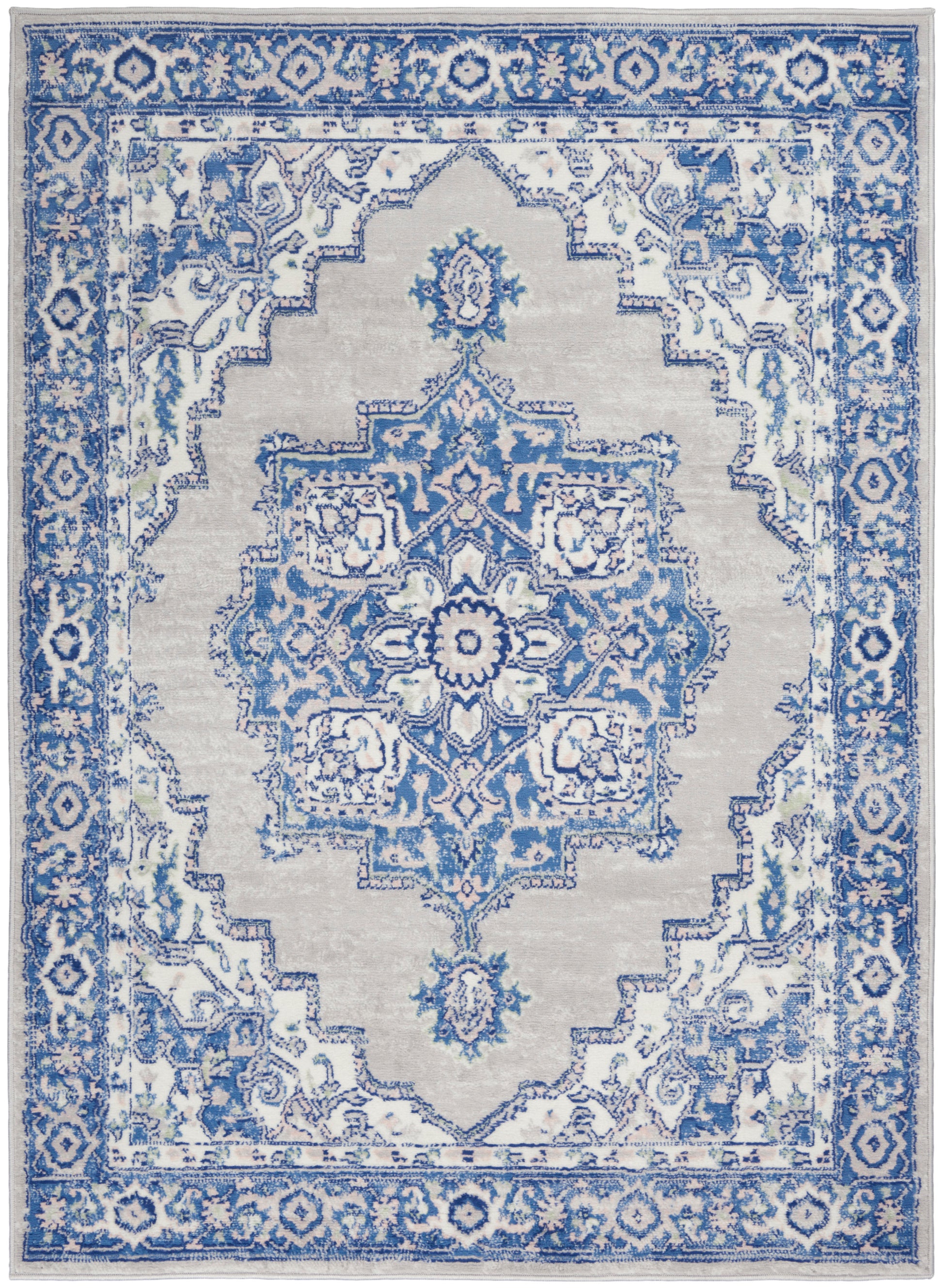 Blue and ivory oriental-style area rug with central medallion and ornate border.