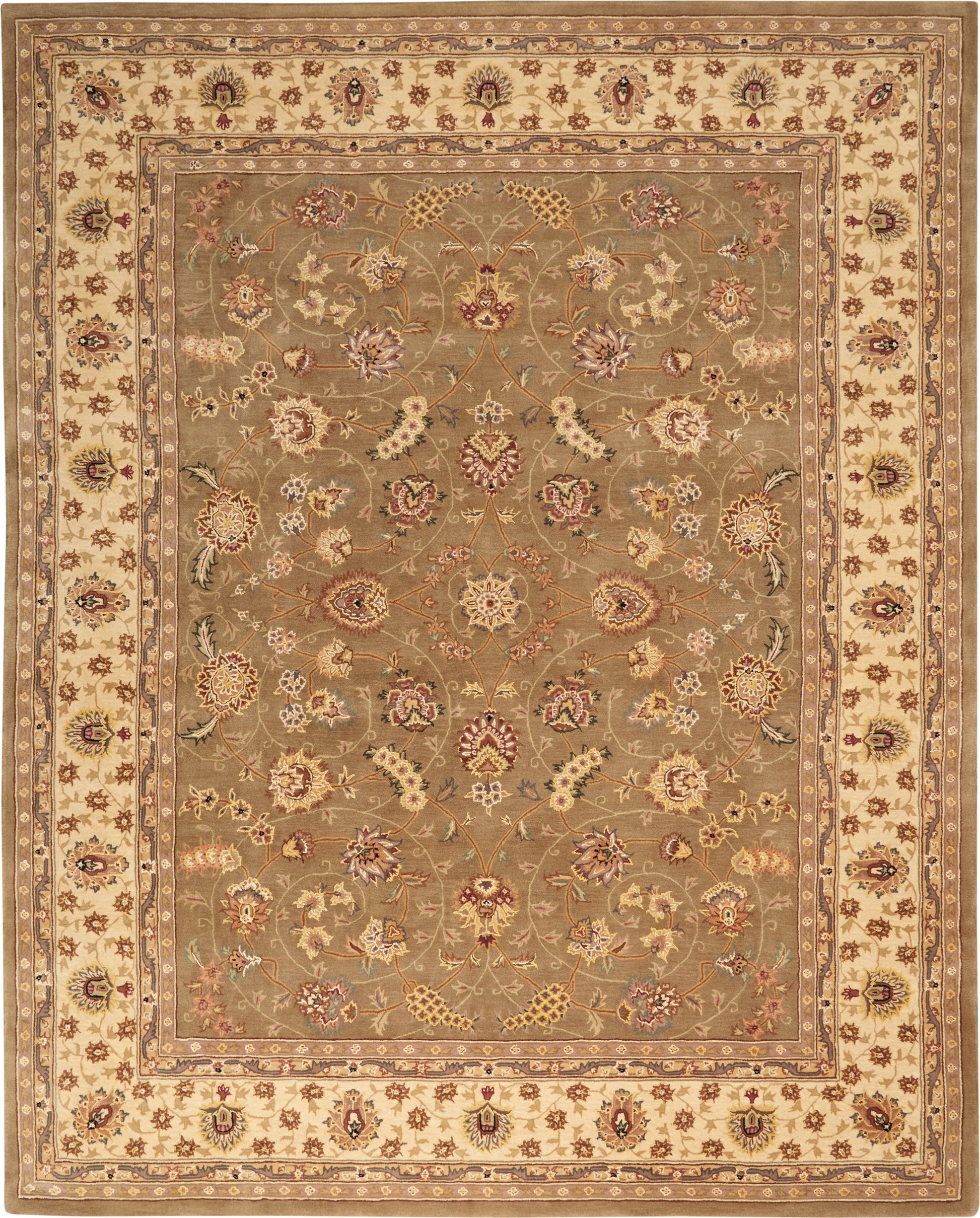 Traditional Persian-style area rug with taupe central field, ornate floral arabesque motifs, and cream-gold border.
