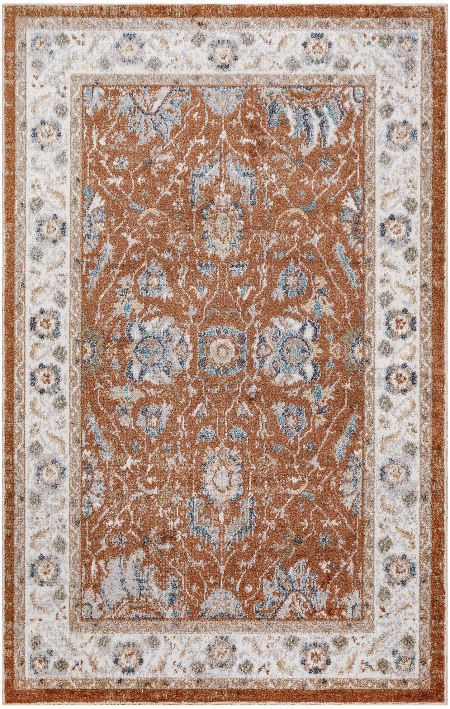 Rust brown oriental area rug with light blue and ivory floral motifs and a pale floral border.