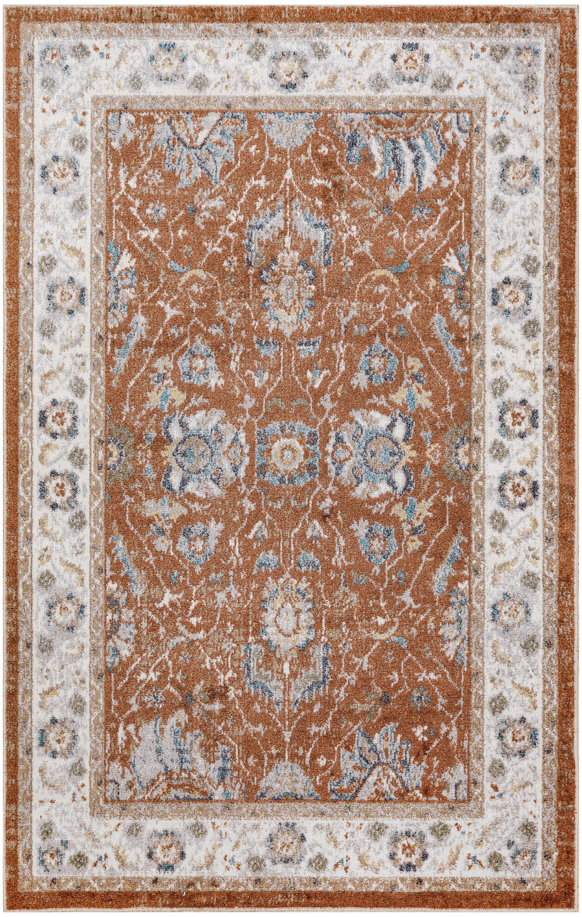 Rust brown oriental area rug with light blue and ivory floral motifs and a pale floral border.