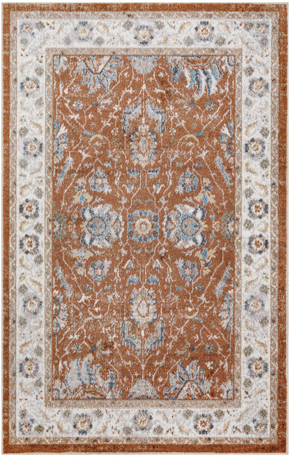 Rust brown oriental area rug with light blue and ivory floral motifs and a pale floral border.