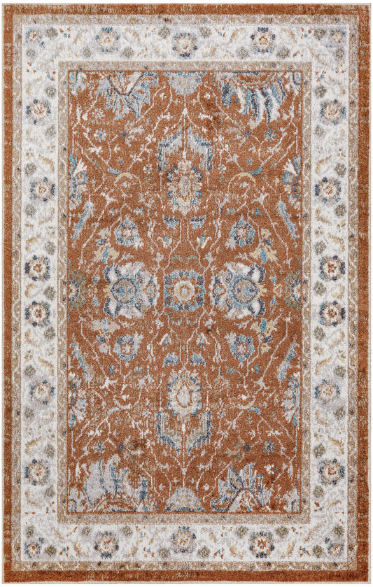 Rust brown oriental area rug with light blue and ivory floral motifs and a pale floral border.