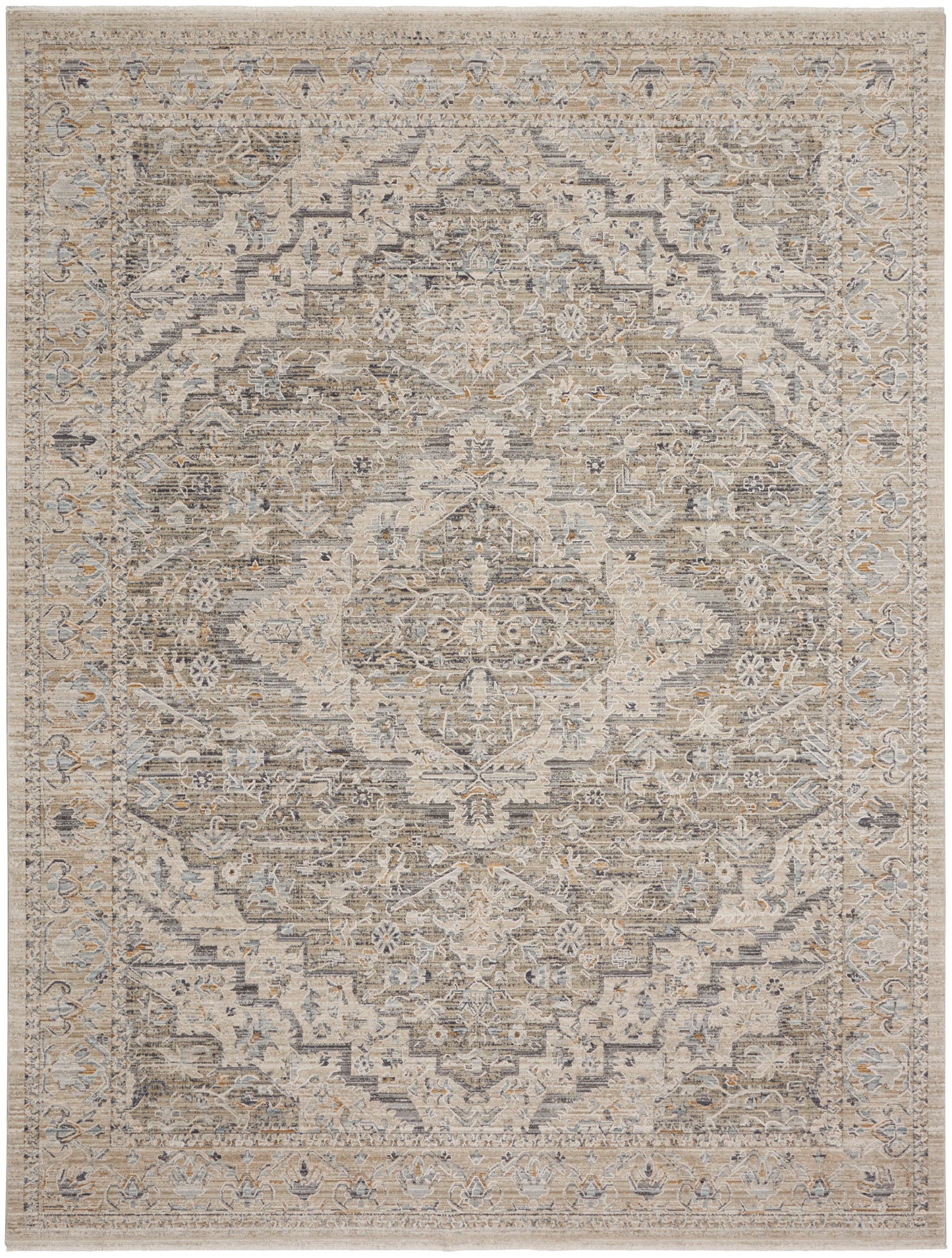 Neutral oriental-style area rug with a distressed central medallion and ornate border in beige, gray and ivory.