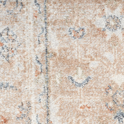 Close-up of a beige vintage-style round rug with blue and orange floral motifs and a soft textured pile.