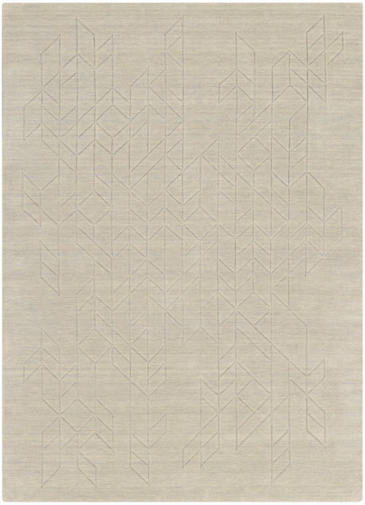 Soft beige area rug with a subtle pale geometric chevron pattern across its surface.