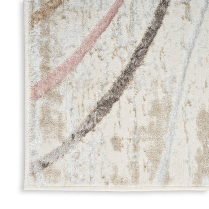 Abstract 8' runner rug with beige base and pastel pink, gray, and blue curved lines; textured woven finish.