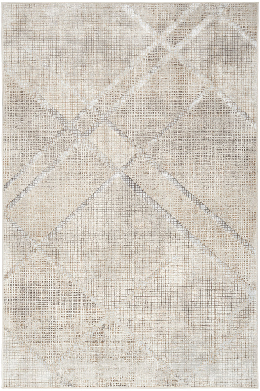 Neutral beige area rug with subtle distressed grid pattern and diamond block patchwork in cream and taupe.