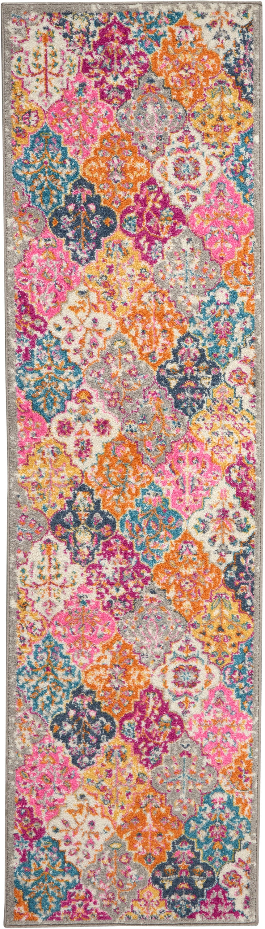 Long colorful floral-pattern rug runner with pink, orange, teal and yellow medallions and a gray border; ideal for hallways.