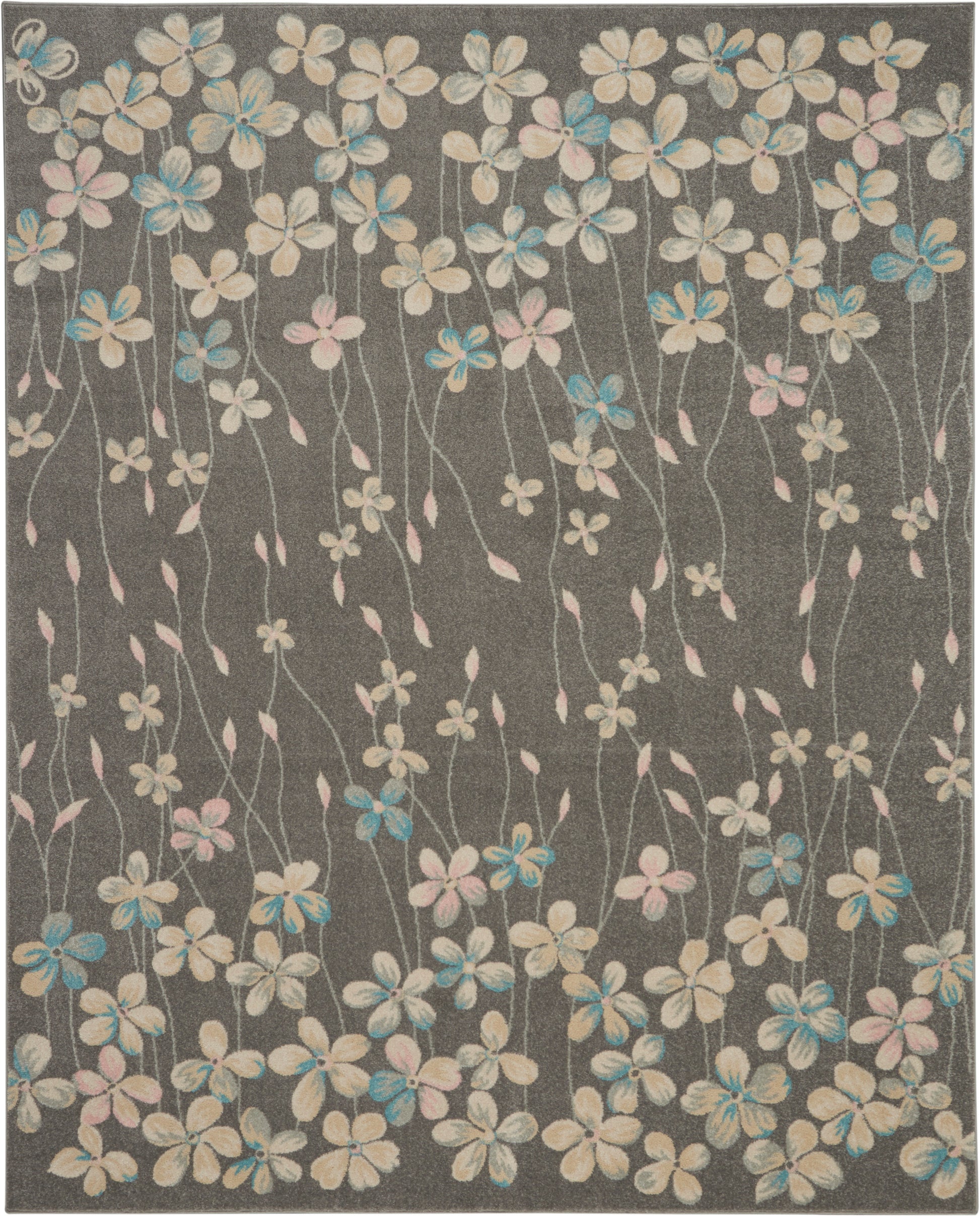 Rectangular charcoal gray rug with slender vine stems and pastel cream, pink, and blue flowers.