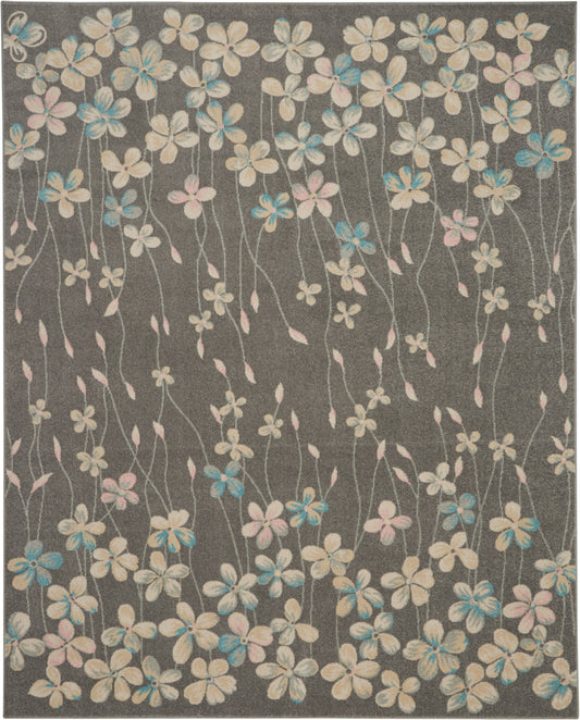 Rectangular charcoal gray rug with slender vine stems and pastel cream, pink, and blue flowers.