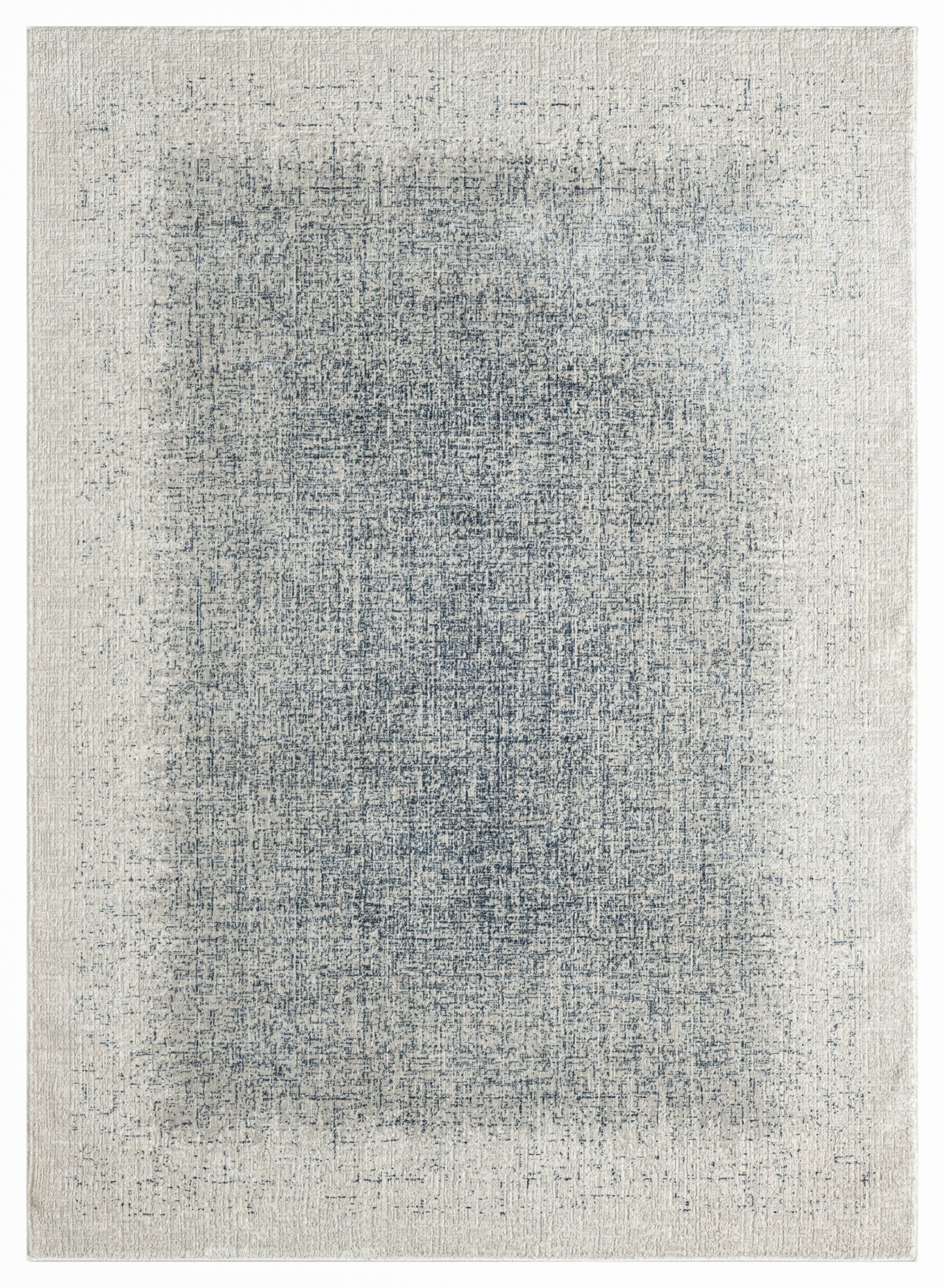 Rectangular beige rug with a faded blue abstract center and distressed texture, contemporary vintage style.