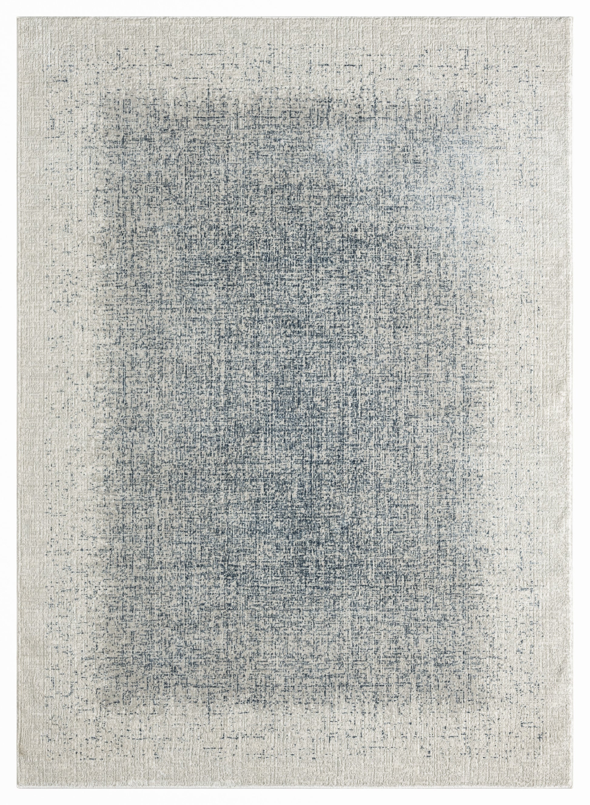 Rectangular beige rug with a faded blue abstract center and distressed texture, contemporary vintage style.