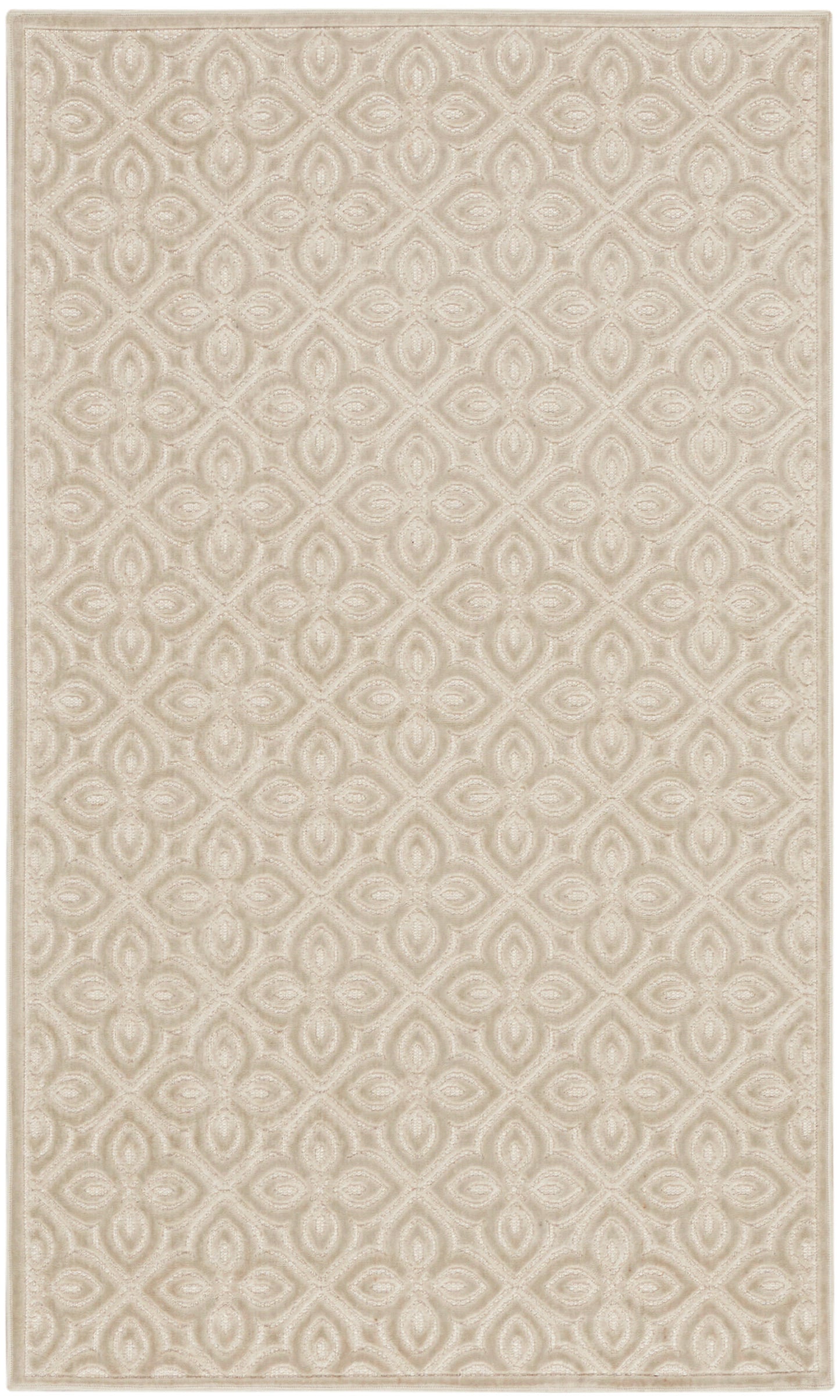 Beige area rug with a raised cream lattice/diamond motif and subtle border; soft textured surface; size 3' x 5'.