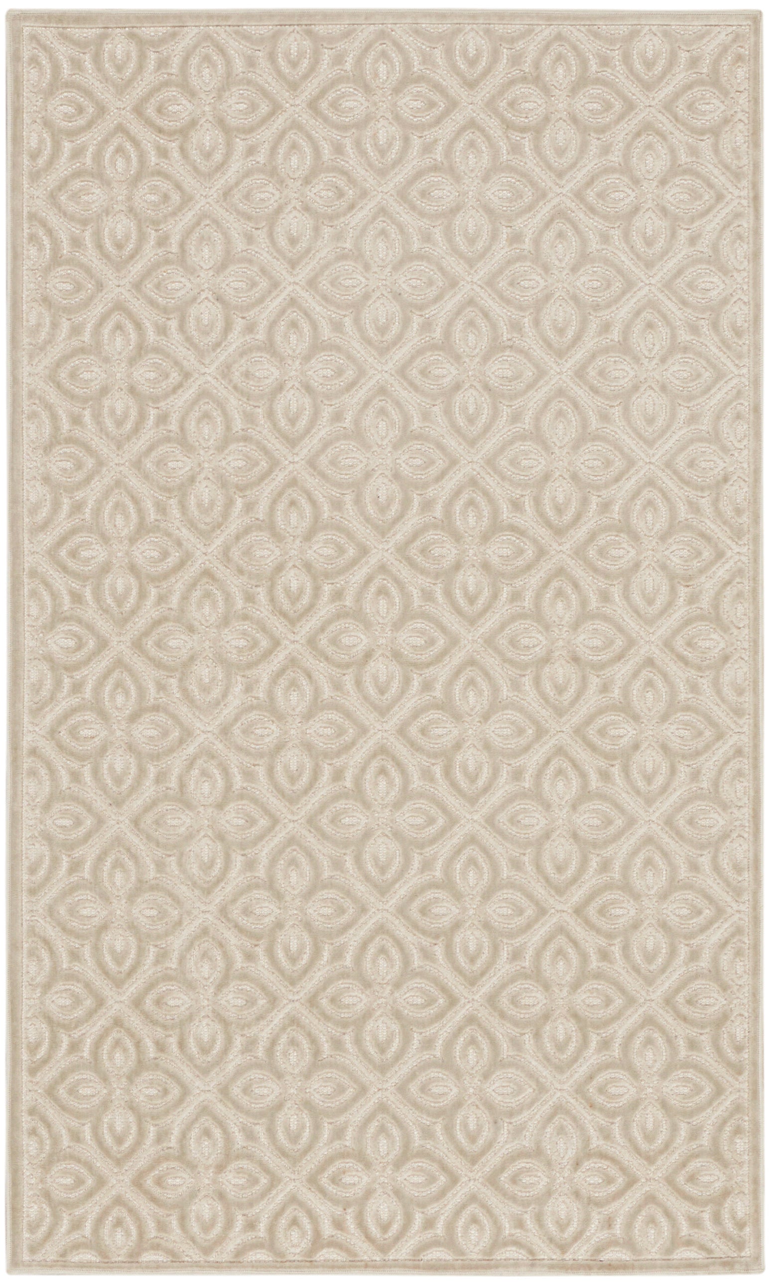 Beige area rug with a raised cream lattice/diamond motif and subtle border; soft textured surface; size 3' x 5'.