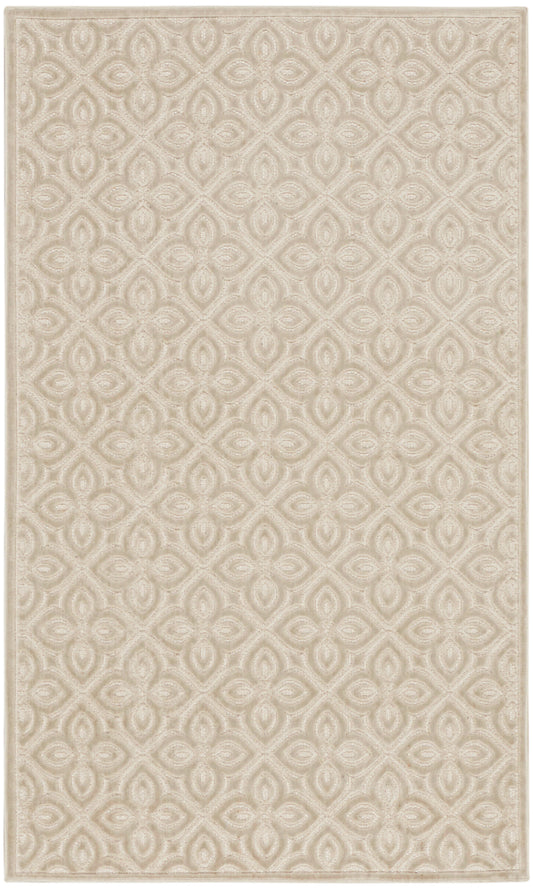 Beige area rug with a raised cream lattice/diamond motif and subtle border; soft textured surface; size 3' x 5'.