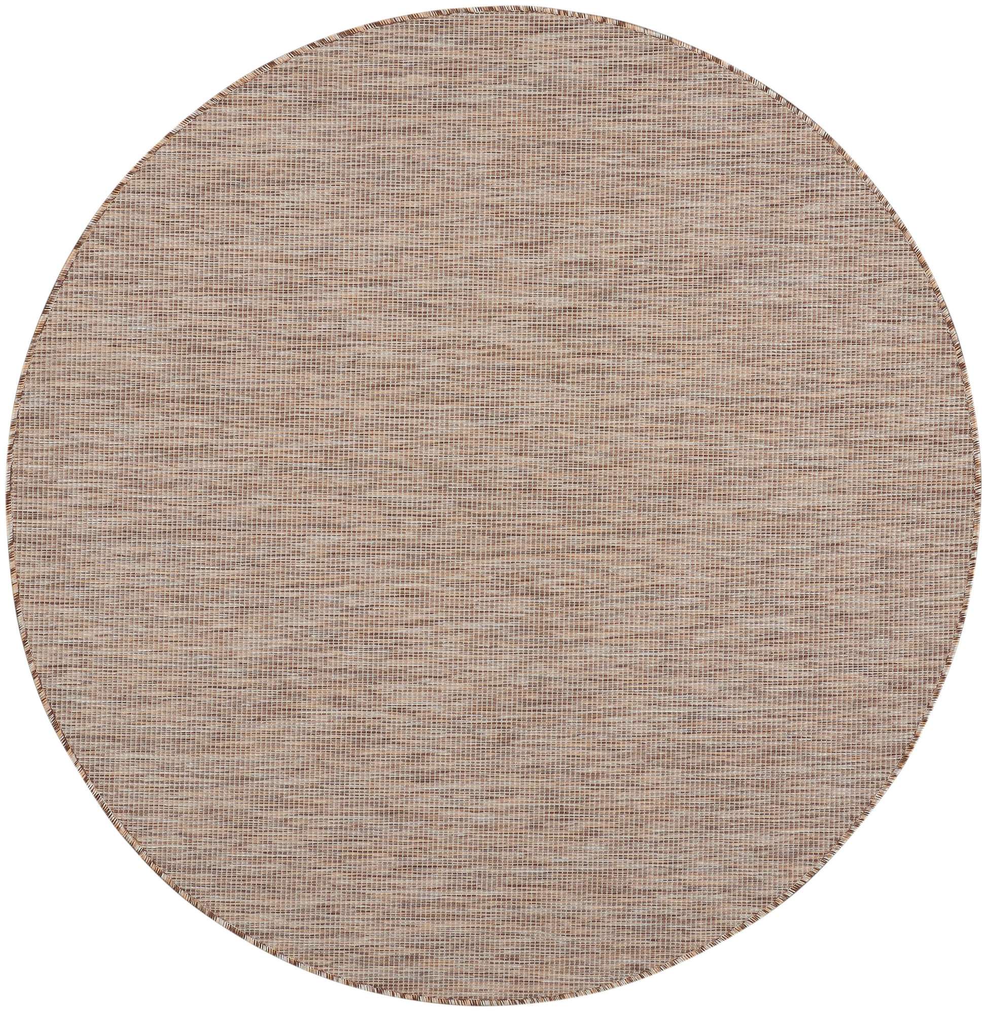Round beige jute rug with tight woven texture, natural fibers, rustic coastal look.