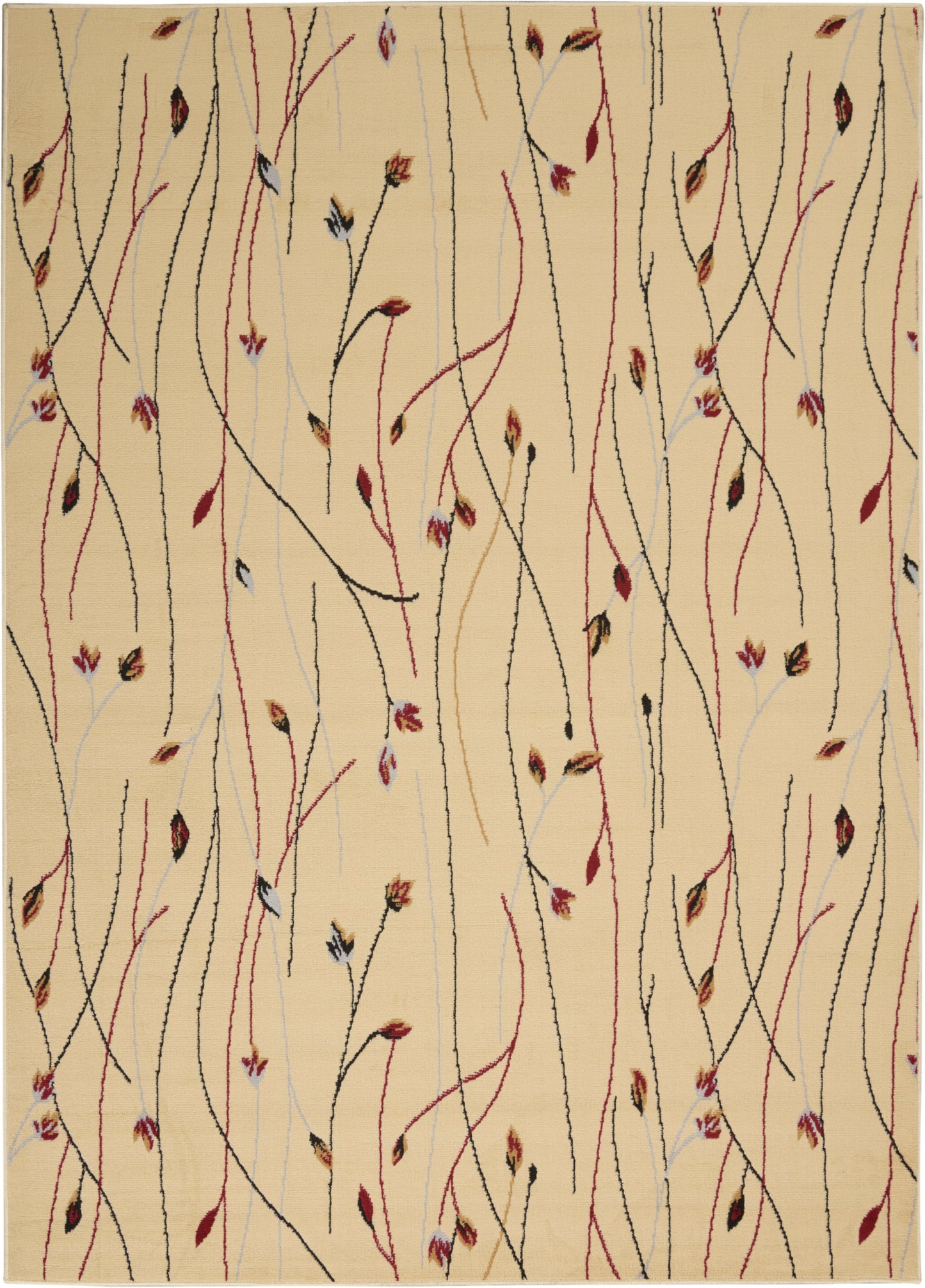 Beige area rug with abstract curling vines in black, red, and pale blue and tiny multicolor leaves.