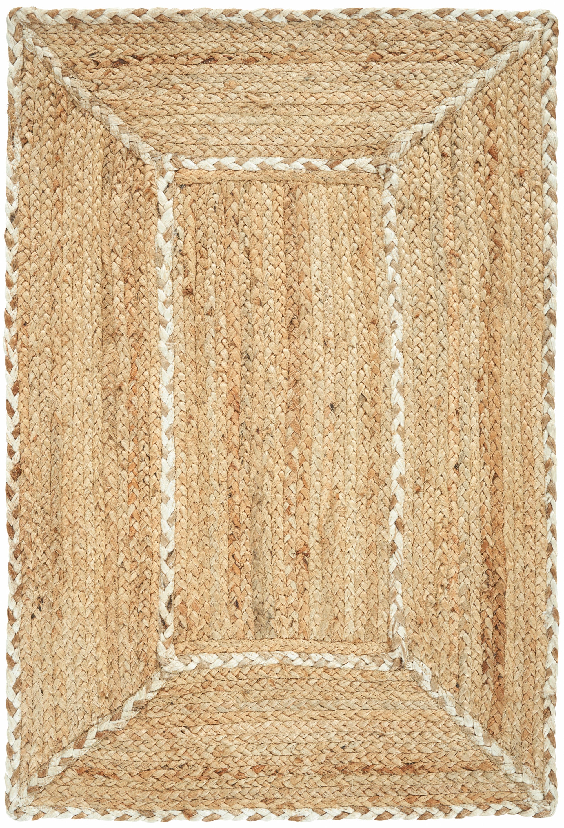 Rectangular natural jute rug with a braided white border; rustic boho floor mat.