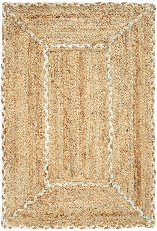 Rectangular natural jute rug with a braided white border; rustic boho floor mat.