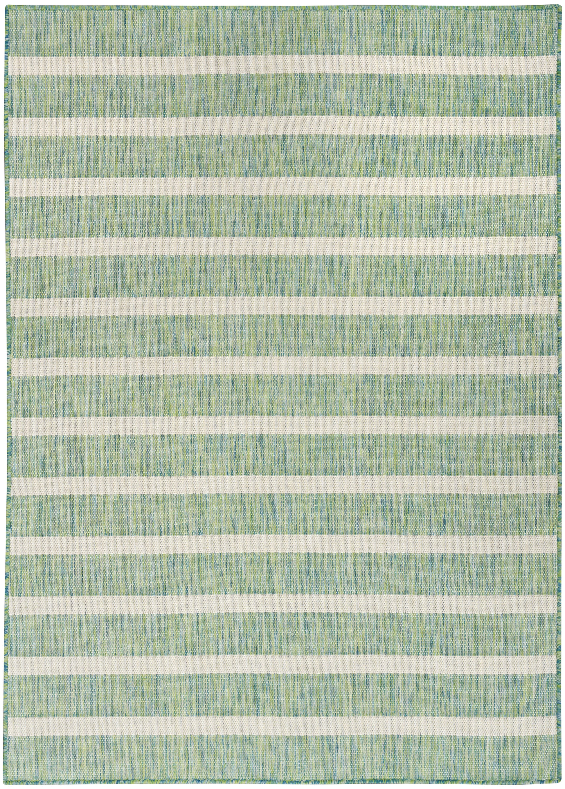 Blue-green woven rug with evenly spaced white horizontal stripes, textured coastal style.