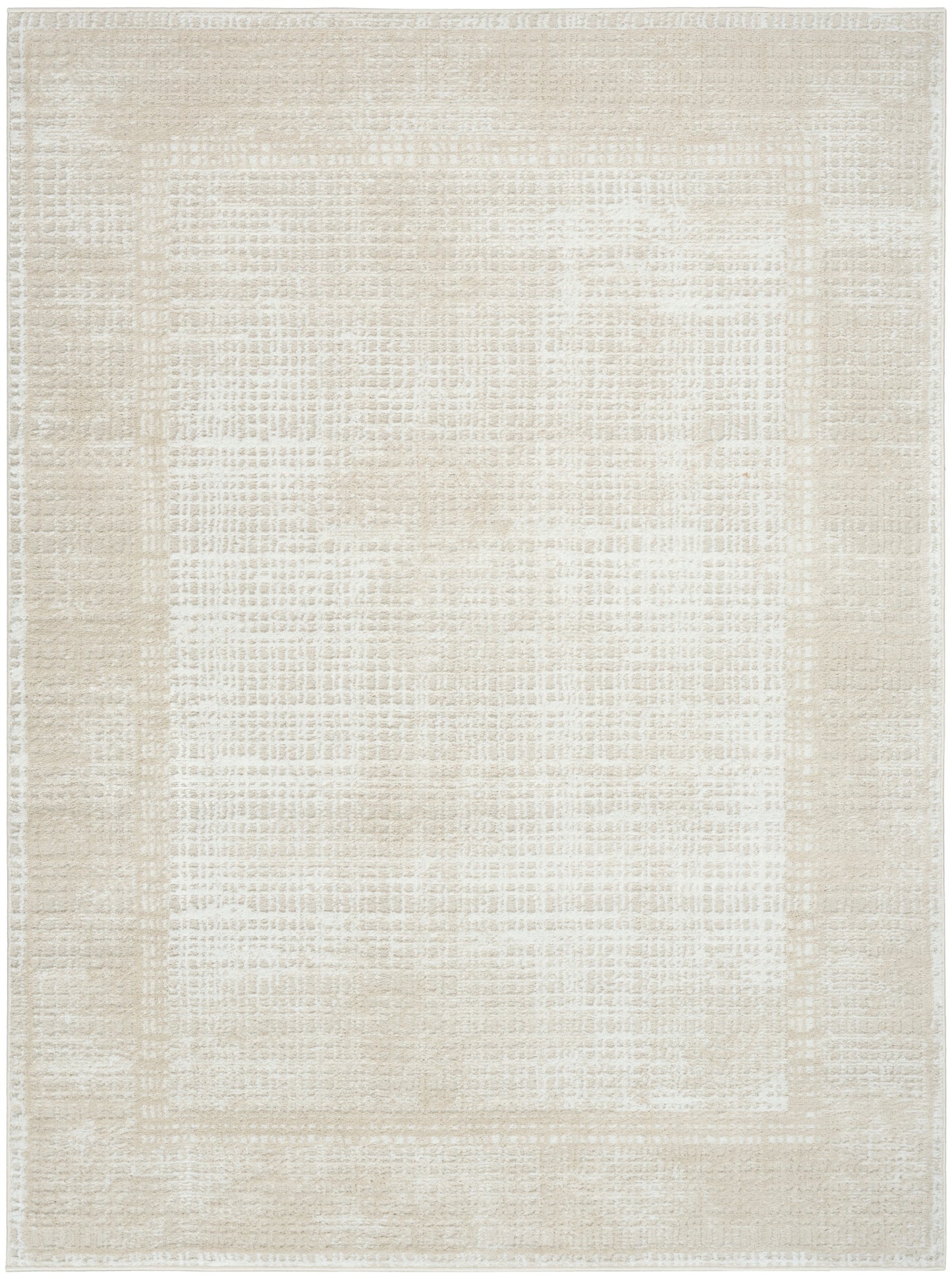 Neutral cream-beige flat-weave rug with subtle woven texture and soft inner and outer borders.