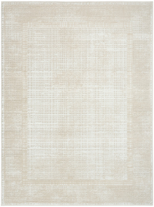 Neutral cream-beige flat-weave rug with subtle woven texture and soft inner and outer borders.
