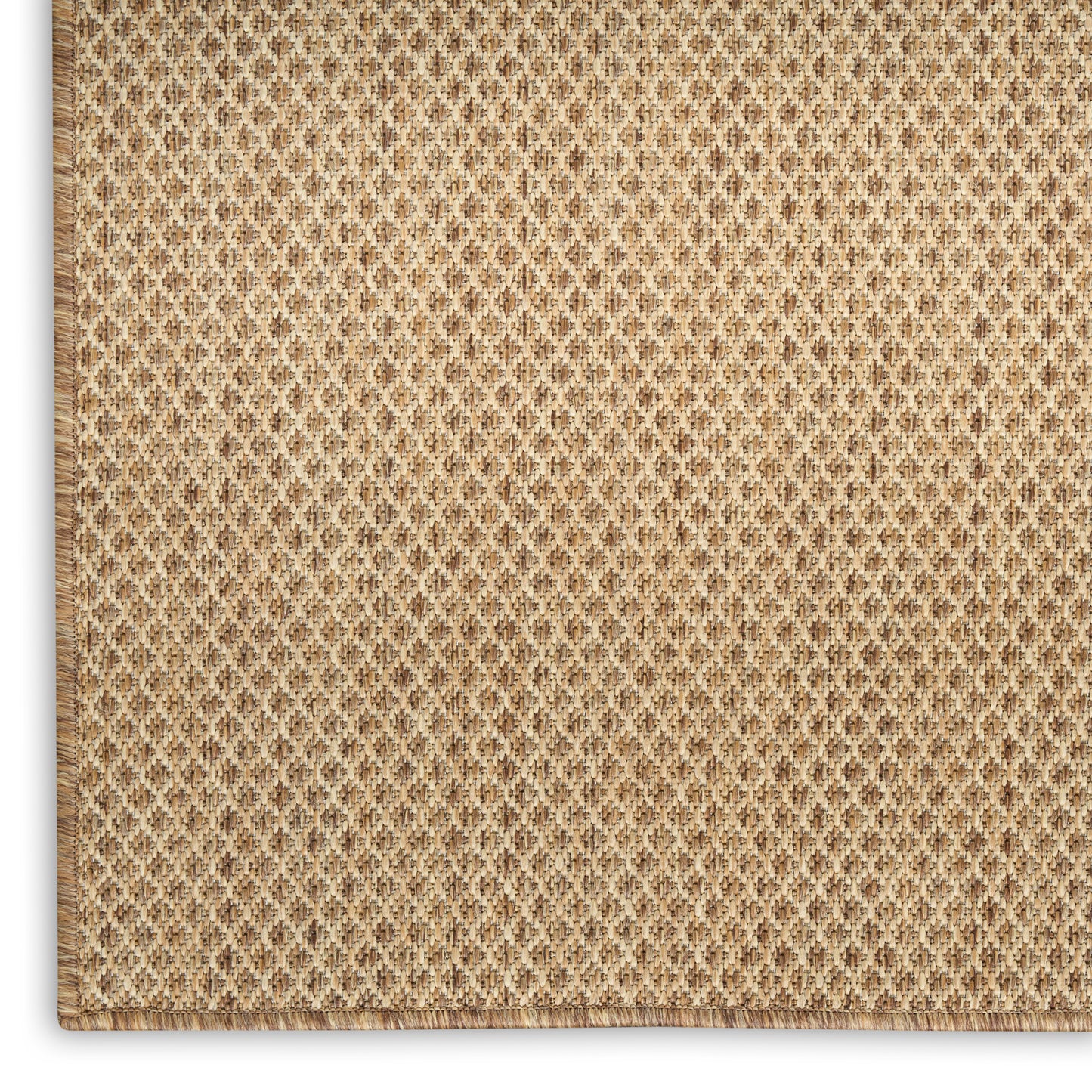 Natural beige jute rug with tight diamond lattice weave and brown border.