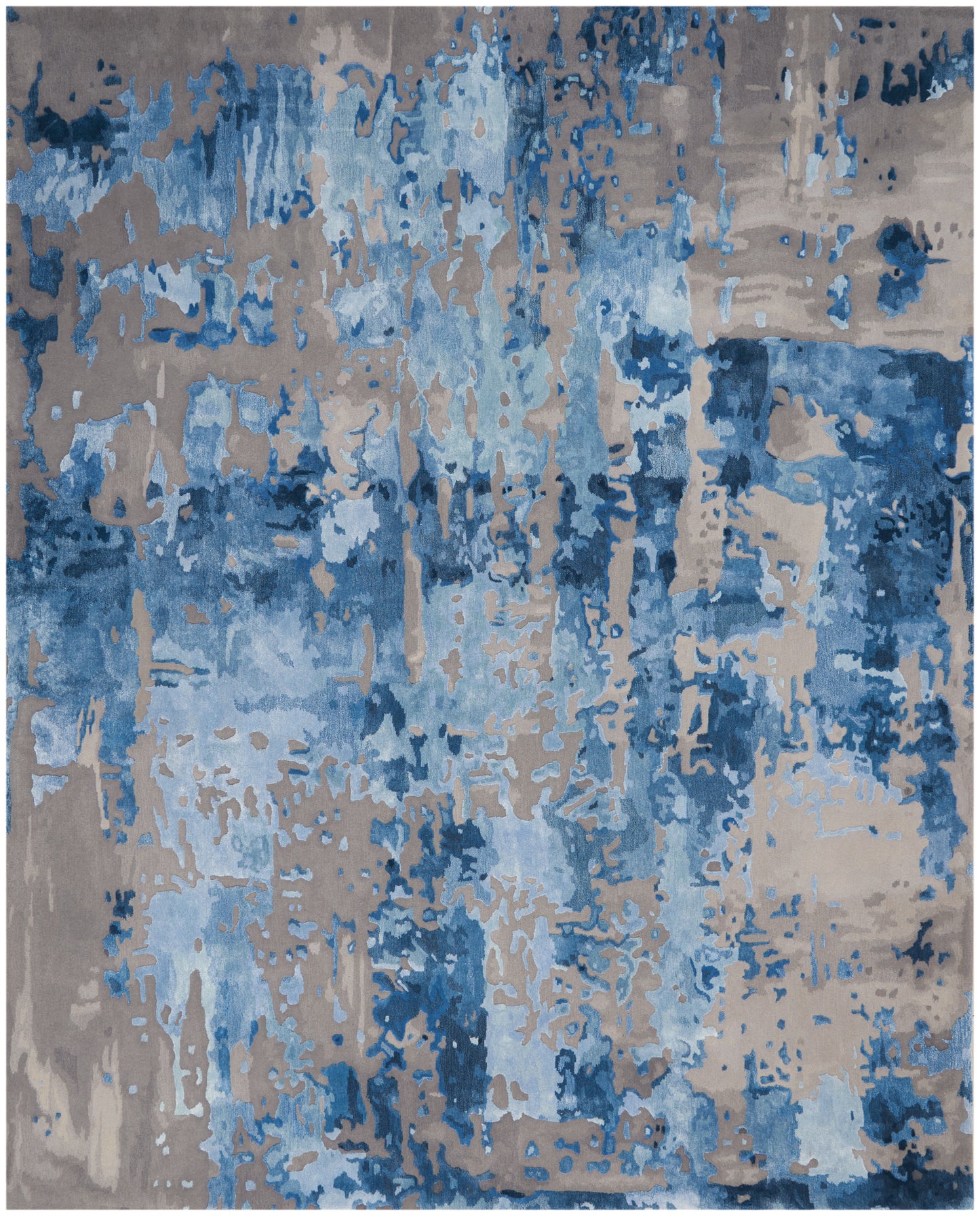 Abstract blue and tan area rug with distressed brushstroke pattern; rectangular, modern decor accent.