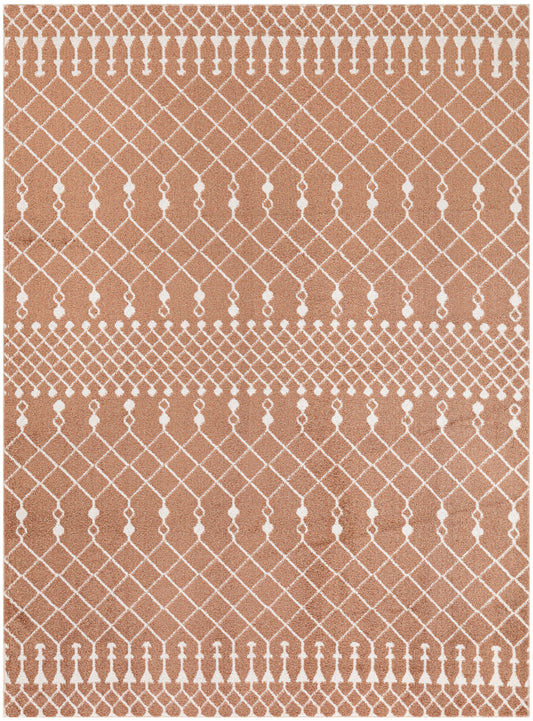 Tan rug with white geometric lattice pattern and bead-like motifs in horizontal bands.