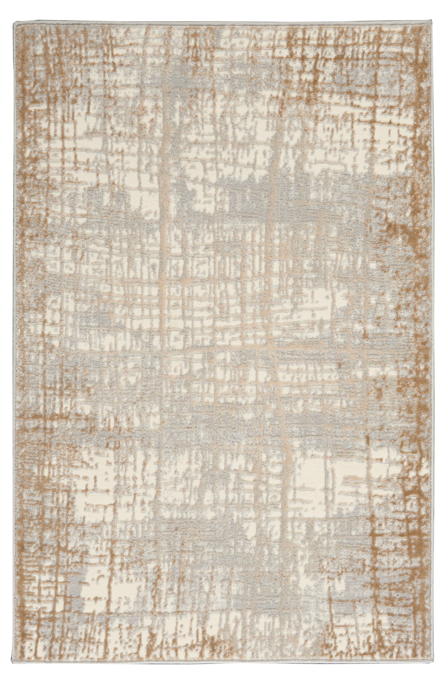 Abstract beige-taupe area rug with distressed ivory grid pattern; soft, low-pile, versatile living room accent.