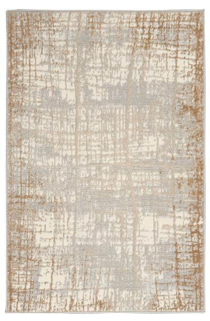 Abstract beige-taupe area rug with distressed ivory grid pattern; soft, low-pile, versatile living room accent.