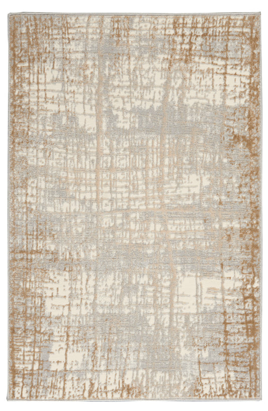 Abstract beige-taupe area rug with distressed ivory grid pattern; soft, low-pile, versatile living room accent.